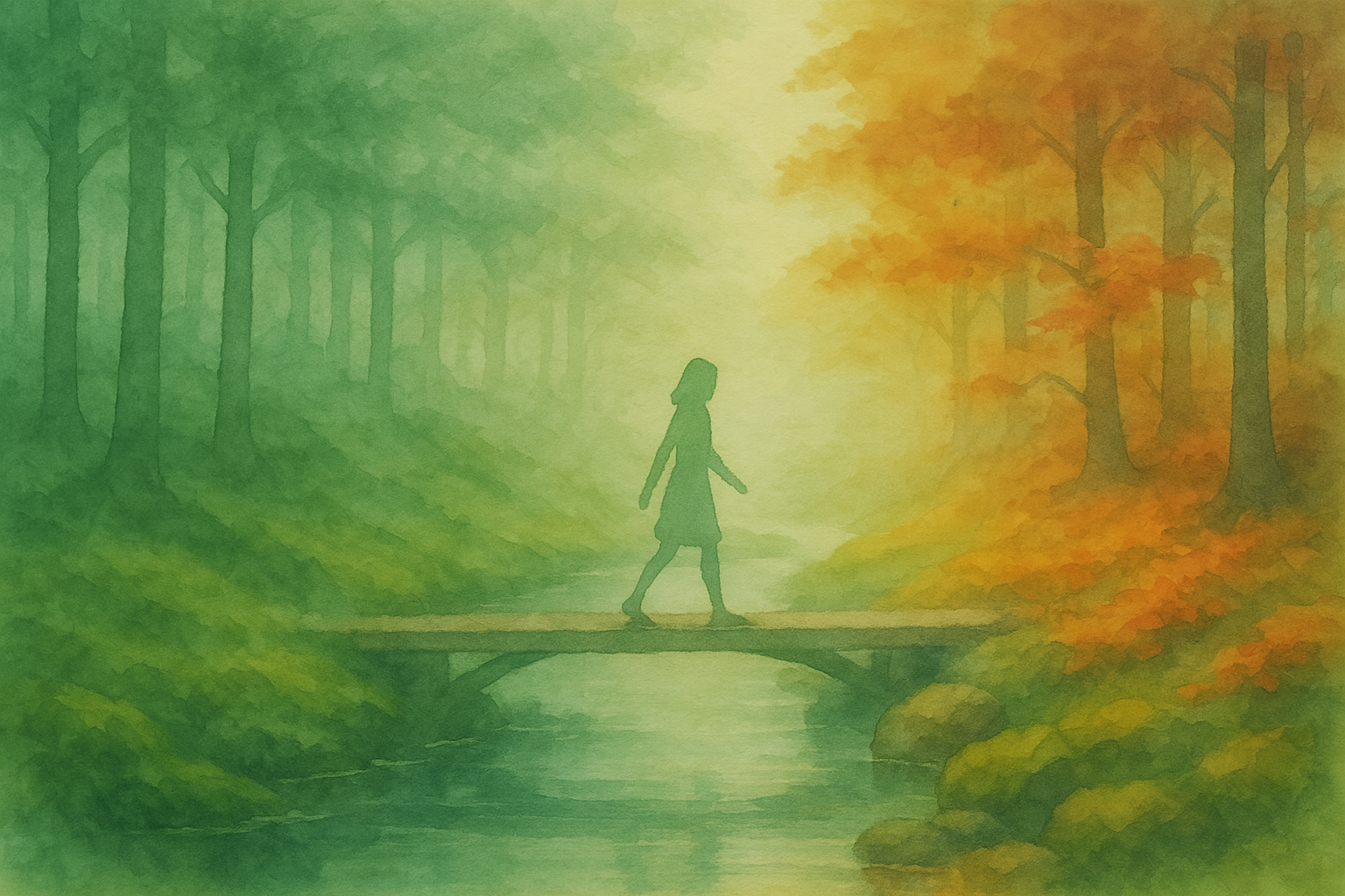 Watercolor of womann crossing bridge from summer to fall
